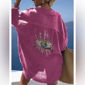 077 • Sequin Eye Beach Coverup Elegant Luxury Breathable Cotton Gauze Long Shirt